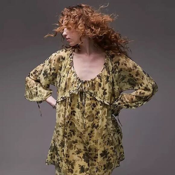 Topshop Dress Floral Print Cut Out Tie Neck Chuck On Ruffle Mini Yellow Black 4 - Picture 1 of 12